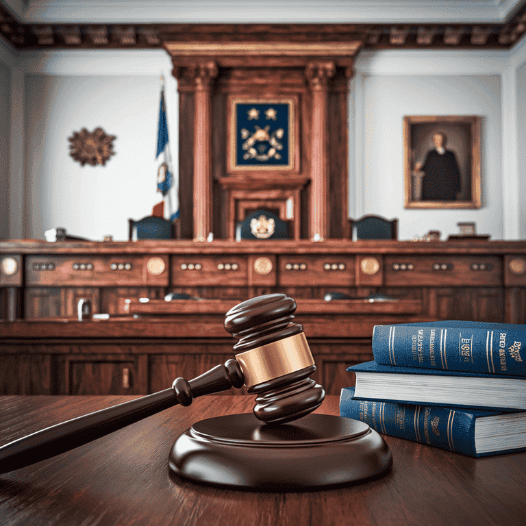 A courtroom scene featuring a judge's gavel and legal books, symbolizing the potential outcomes for first-time DUI offenders.