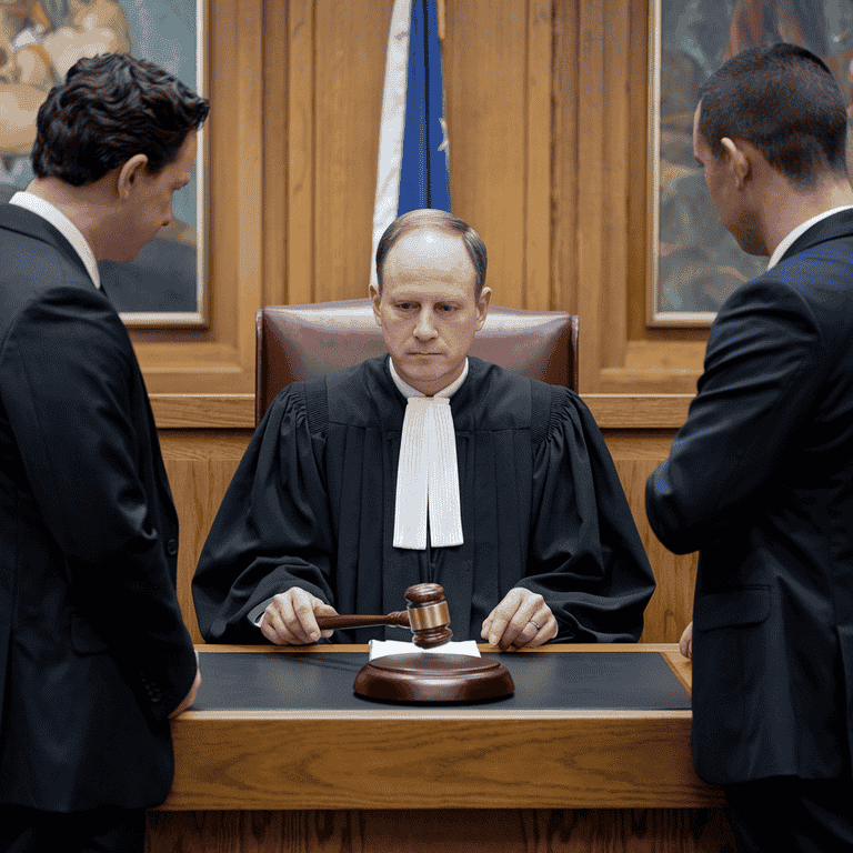 A courtroom setting with a judge, lawyers, and a gavel, representing the legal consequences of using a deadly weapon.