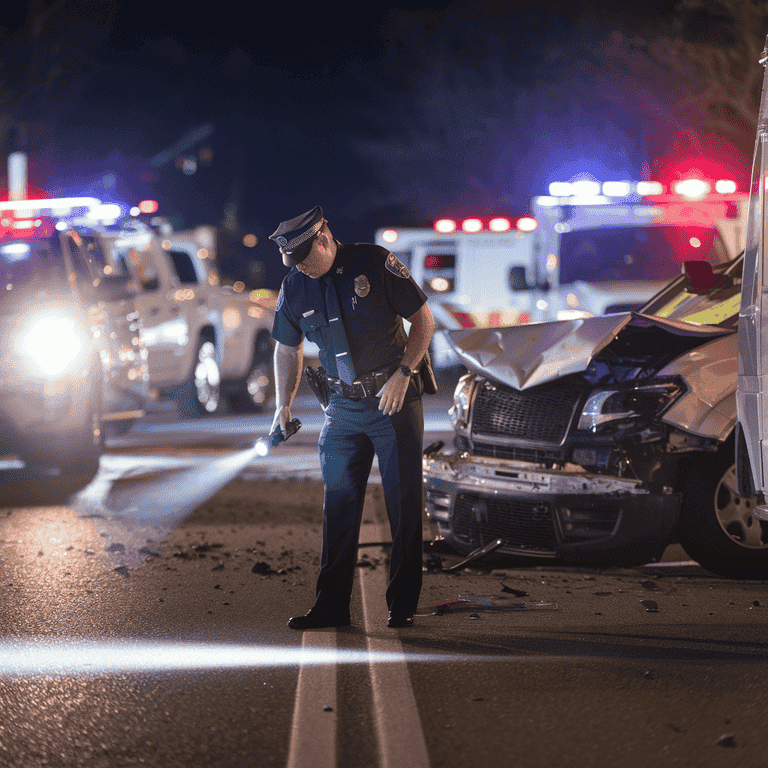 A police officer investigating a crash site with emergency vehicles, representing the legal process after an evading police charge.