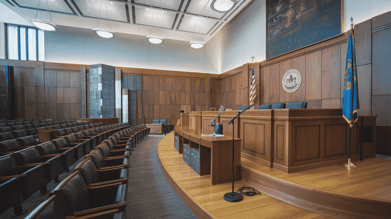 An empty courtroom with a judge’s bench, rows of seats, and the Nevada state flag, symbolizing the criminal process for assault charges.