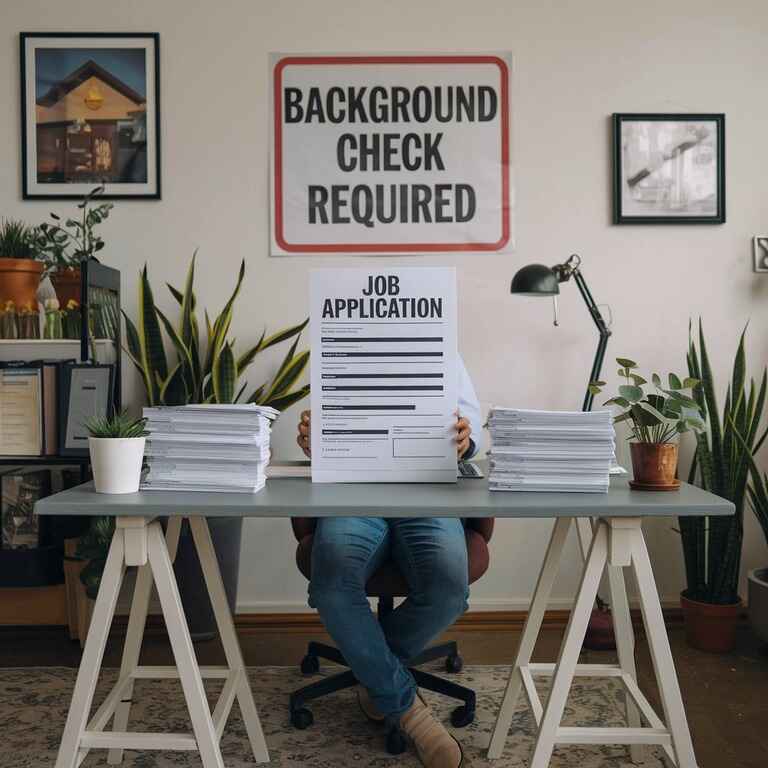 An individual at a desk with job application forms and a 'Background Check Required' sign in the background, symbolizing the impact of a criminal conviction.