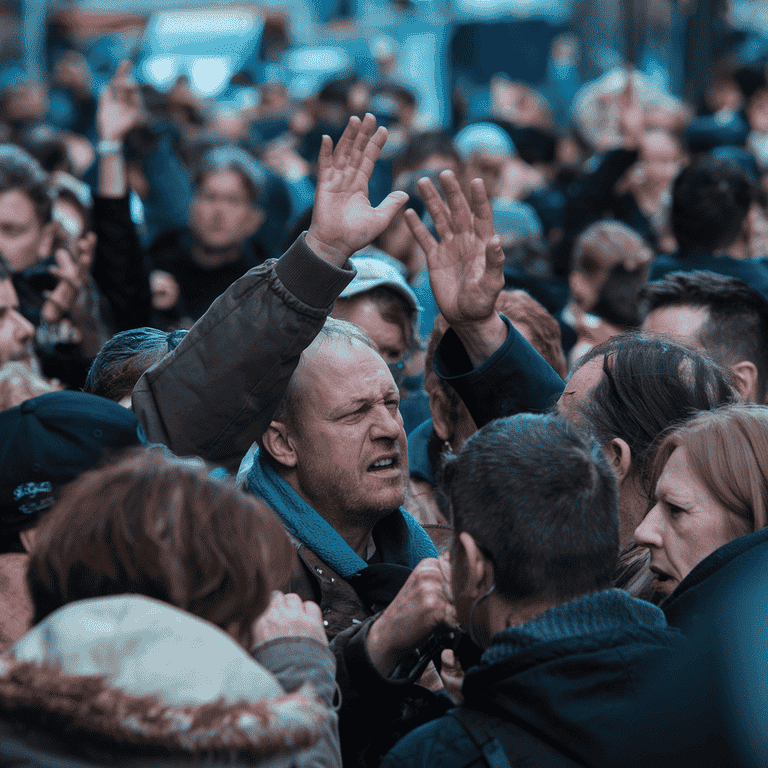 A busy public street with people engaged in animated conversations, illustrating common scenarios of disorderly conduct.