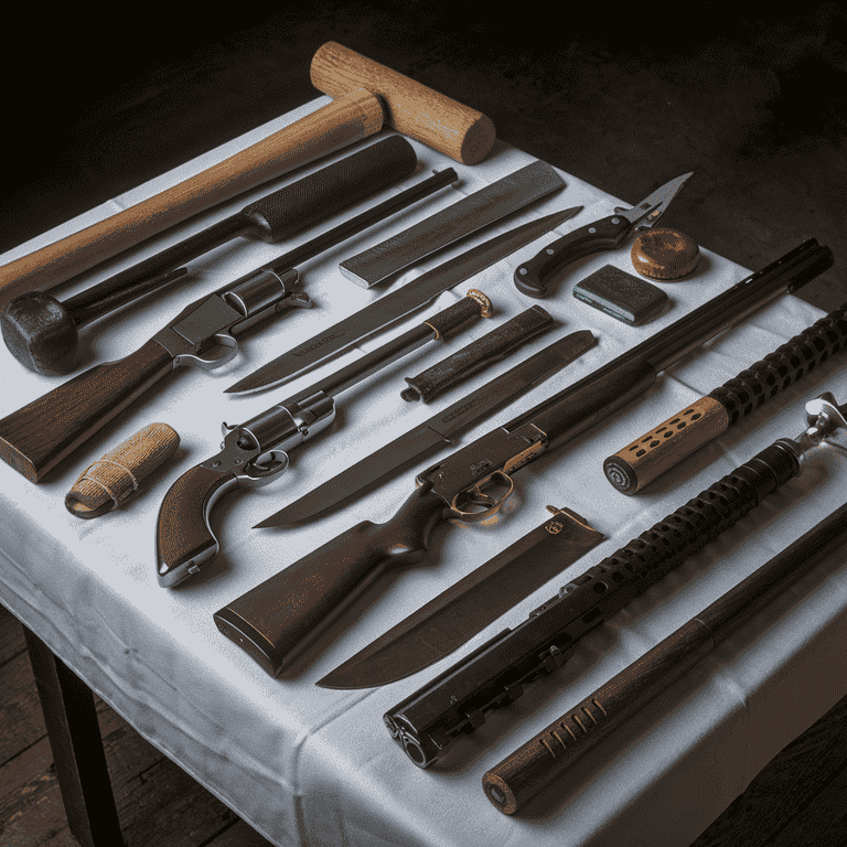 An array of deadly weapons including firearms, knives, and blunt objects arranged on a table.