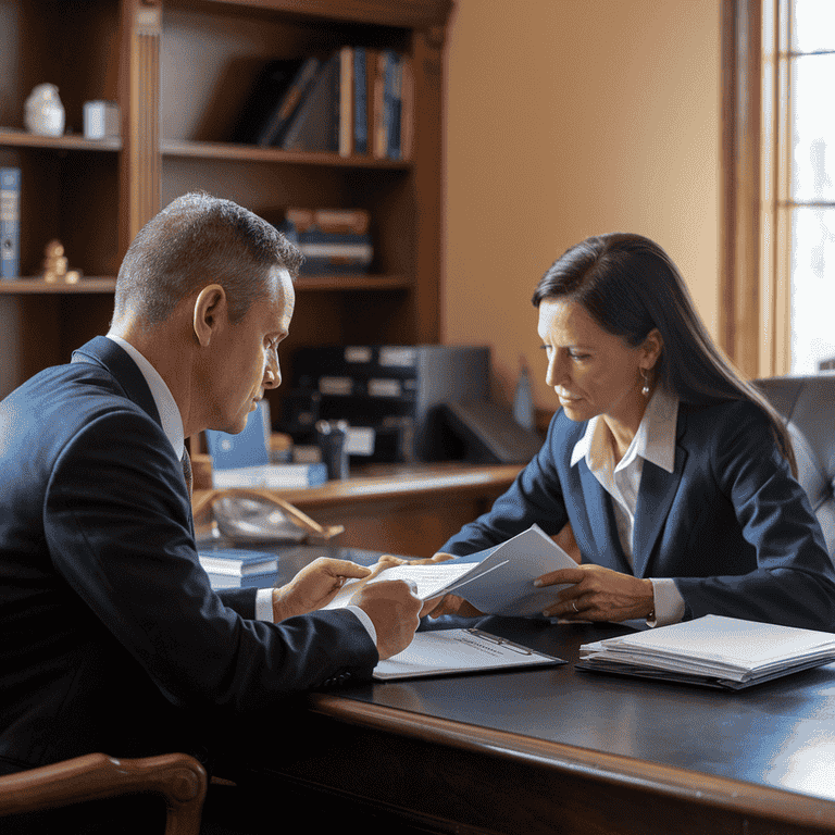 A defendant discussing their case with an attorney, reviewing legal documents related to fraud charges.