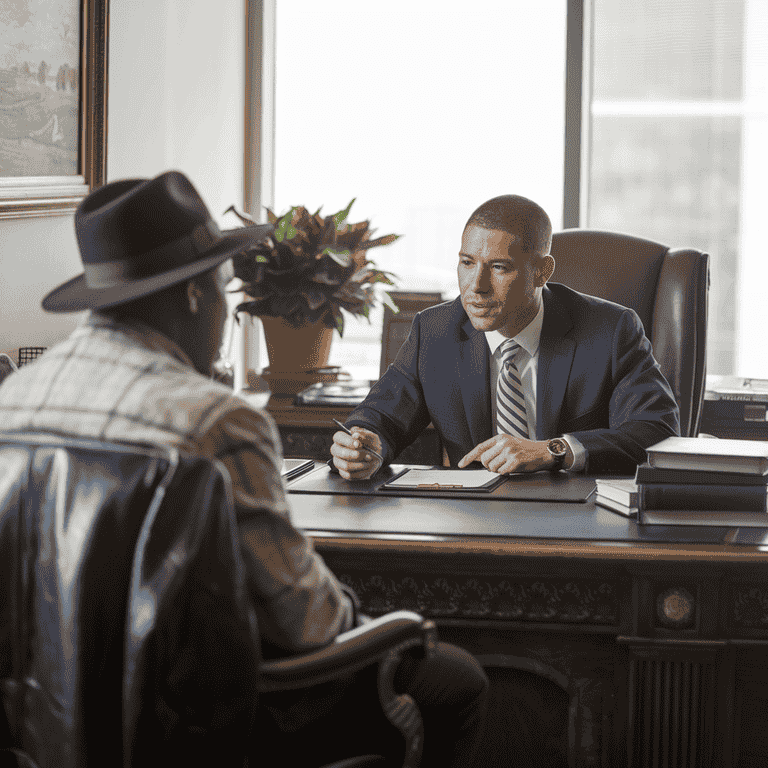 A defense attorney discussing case strategies with a client in a professional office setting.