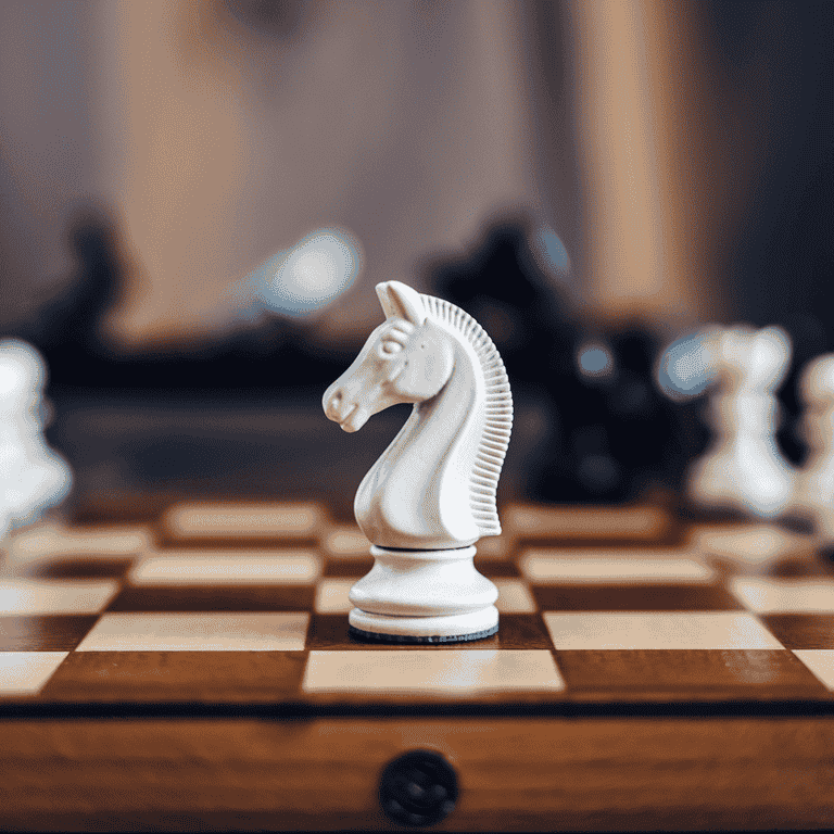 Chess board with white knight piece representing defense strategies