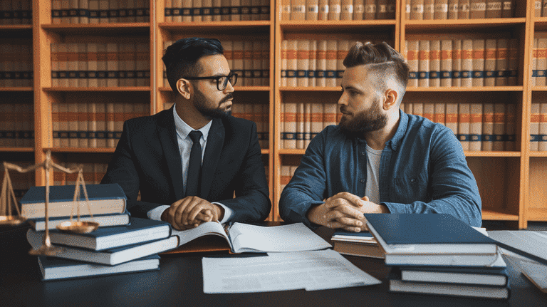 A defense attorney and client discussing strategy in a law office with legal books and documents, representing the preparation of defenses against assault charges in Las Vegas.