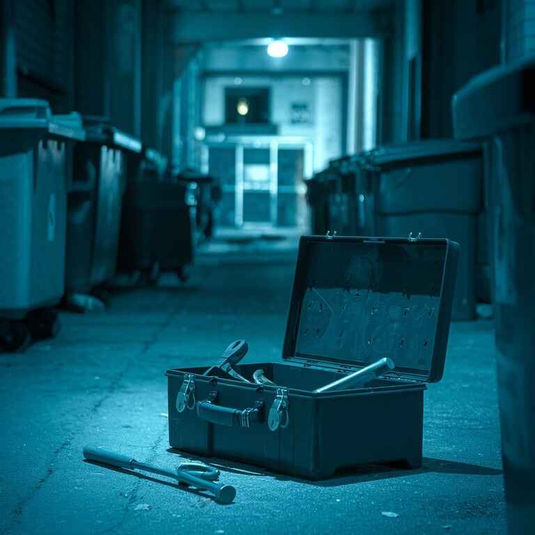 A dimly lit alley with tools like a crowbar and pliers next to an open toolbox, illustrating scenarios leading to possession of burglary tools charges.