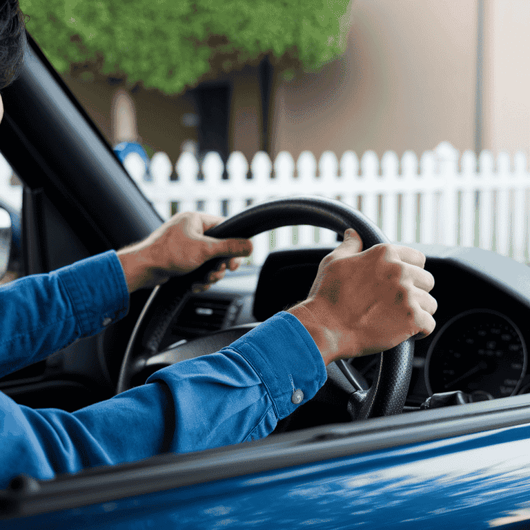 Driver's hands on the steering wheel while navigating a road.