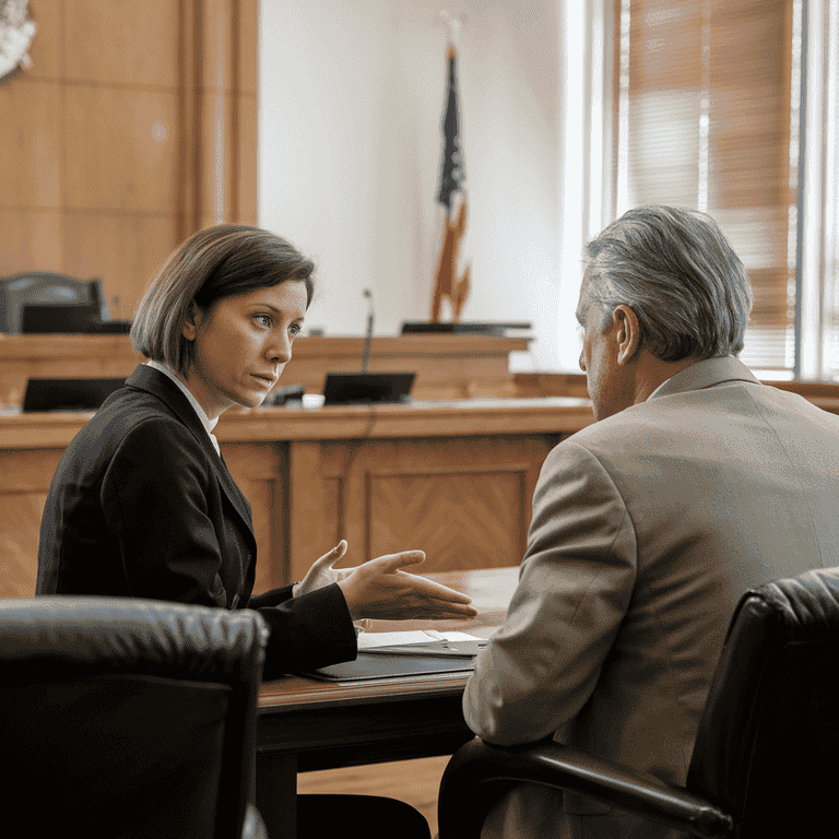 A defense attorney speaking with a client in a courtroom setting, highlighting legal counsel during a DUI case.