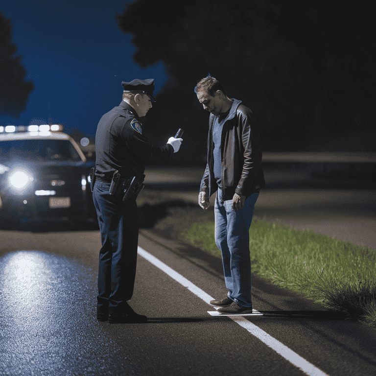 A police officer performing a field sobriety test on a driver at night on a city street.