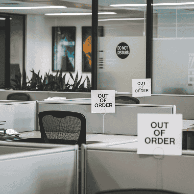 Corporate office with empty desks and closed doors, representing the consequences of embezzlement on employment.