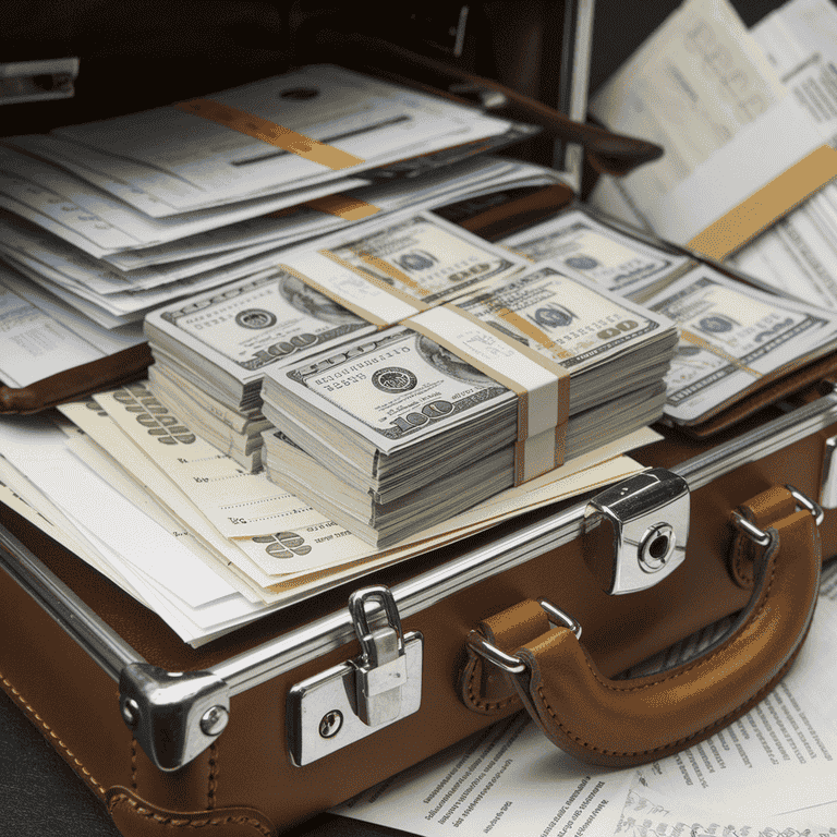 Briefcase filled with cash and financial documents, representing the concept of embezzlement.