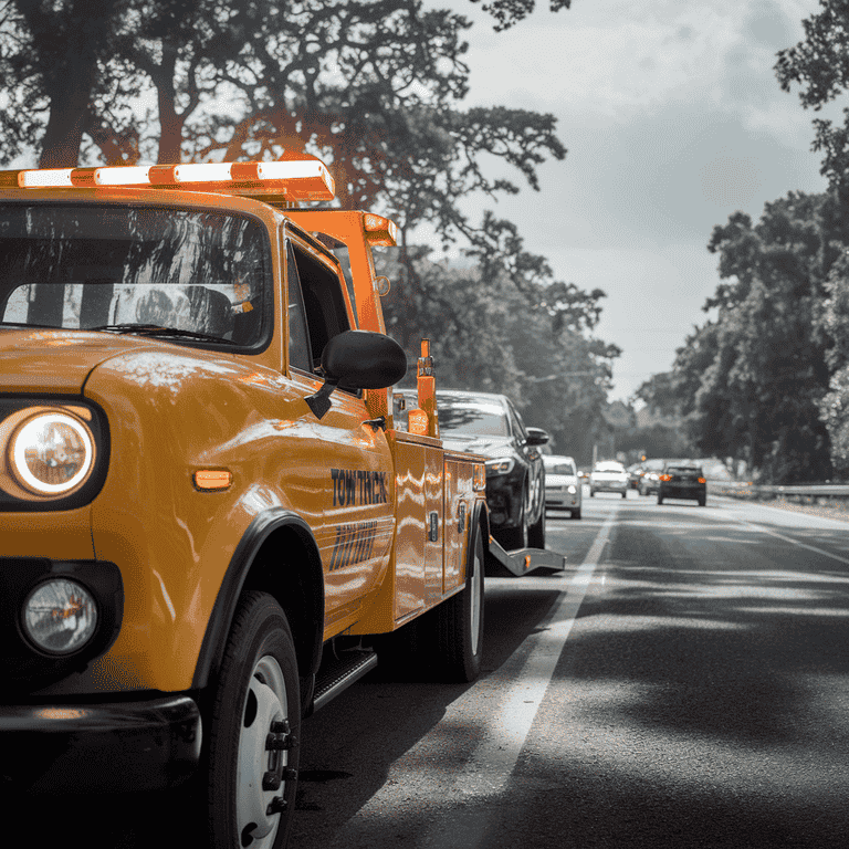 A tow truck with flashing lights parked on the roadside, highlighting the need for caution from passing vehicles.