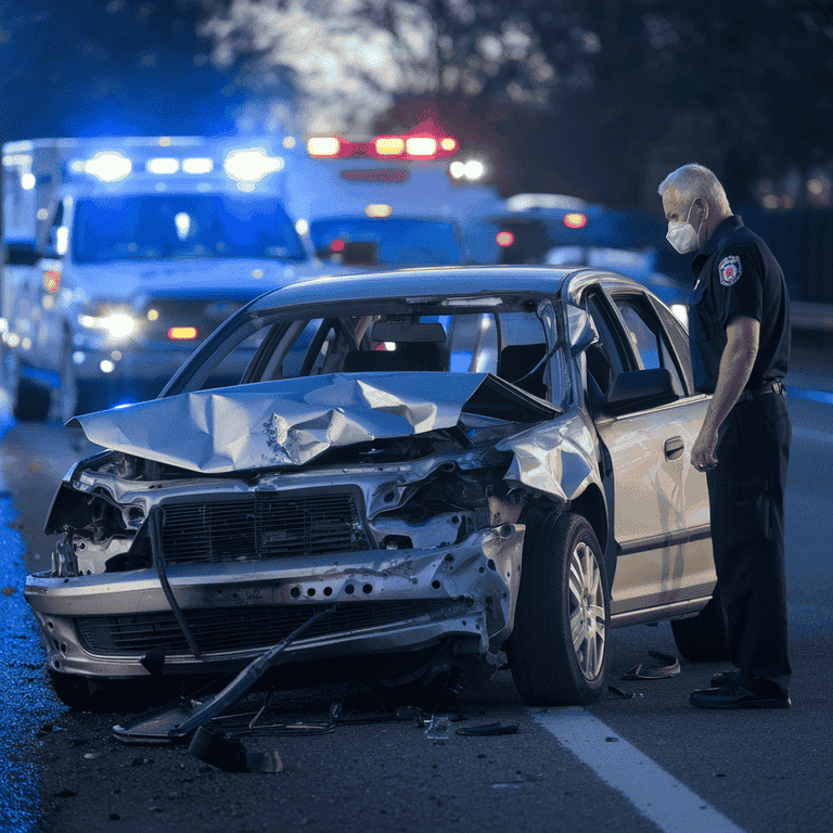 A damaged car at an accident scene, illustrating the impact of vehicular manslaughter on drivers and victims.