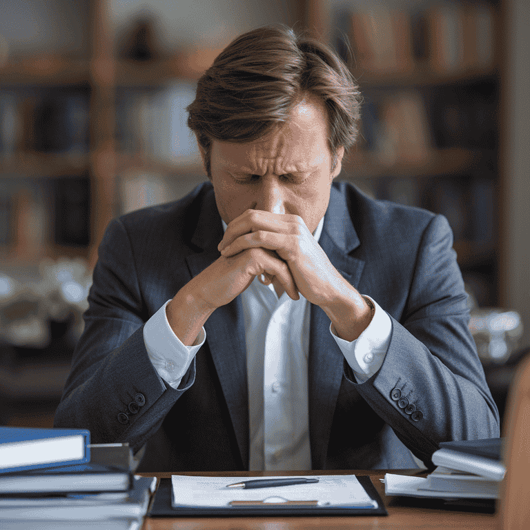 Individual appearing stressed at a desk with legal documents, illustrating the emotional toll of embezzlement charges.