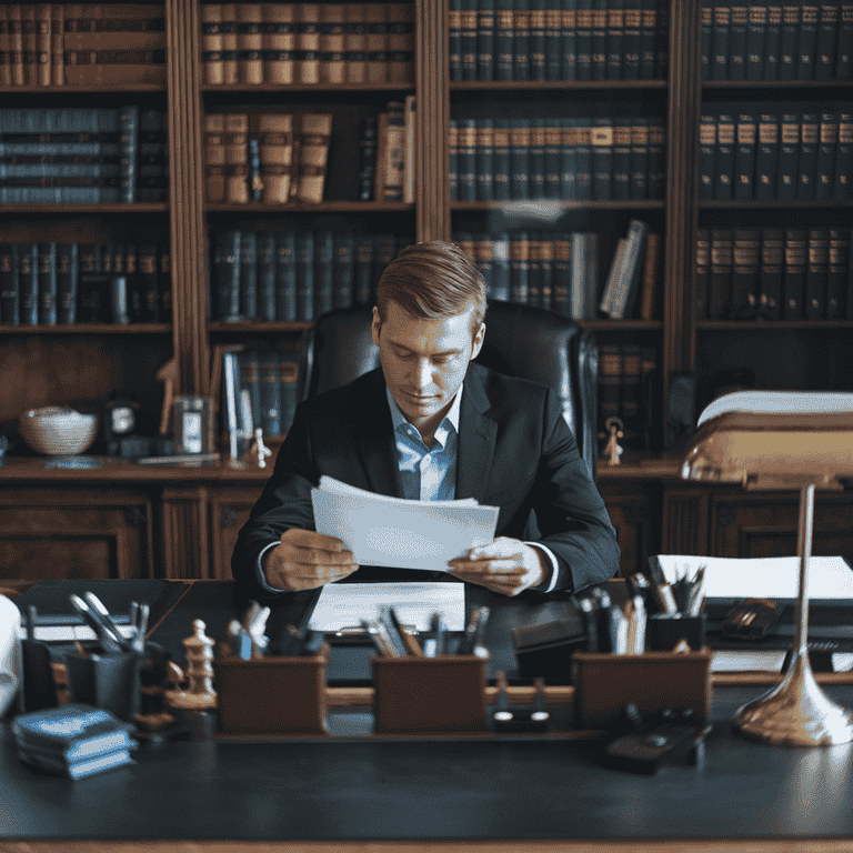 A lawyer reviewing legal papers, representing the preparation of defenses for grand larceny charges.