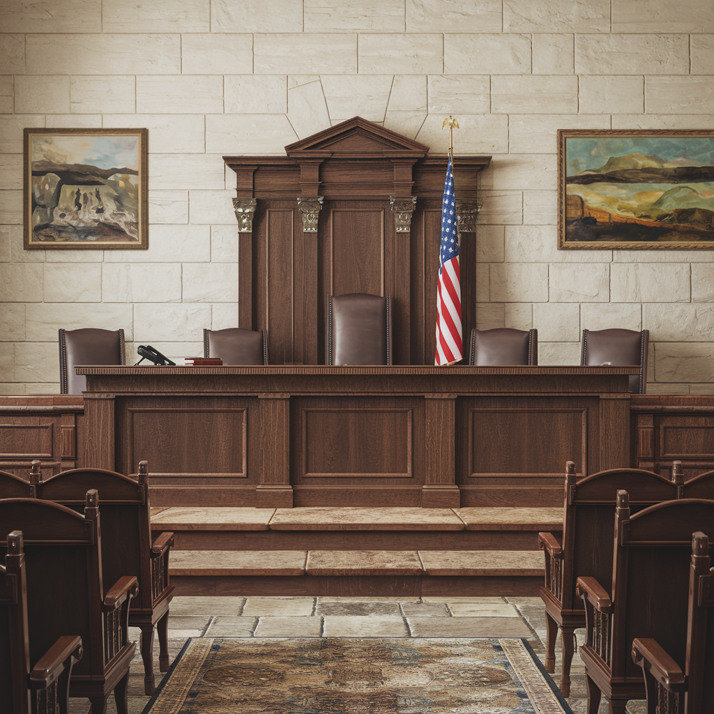 A courtroom setting highlighting the judge’s bench and empty chairs, representing the legal consequences of criminal contempt.