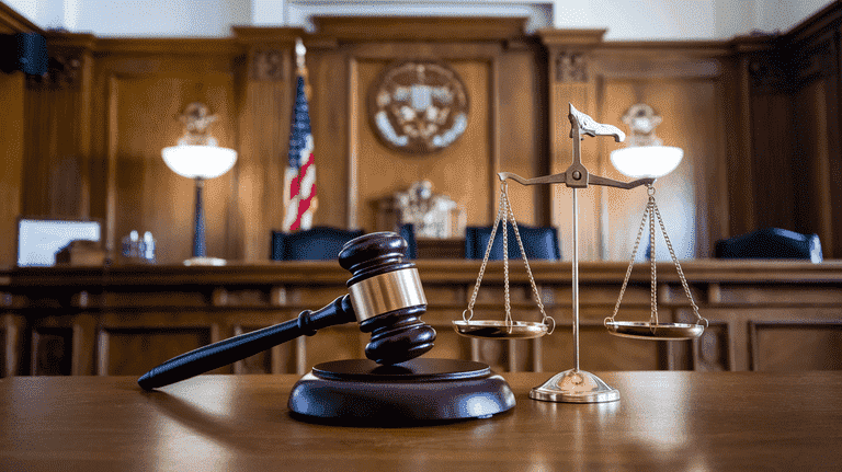 A gavel and scales of justice on a wooden desk in a courtroom, representing the legal penalties associated with assault charges.