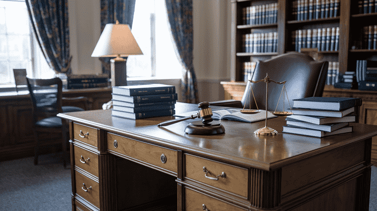 Lawyer’s desk with law books, a gavel, and scales of justice, representing the importance of seeking legal representation for a third DUI offense.