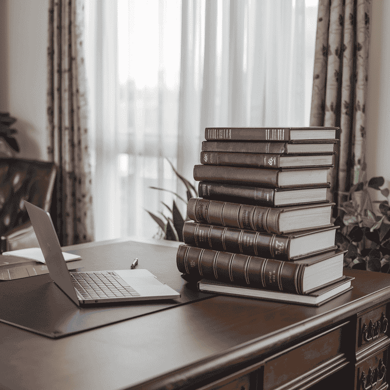 A stack of legal books alongside a laptop, representing resources available for individuals facing battery charges.