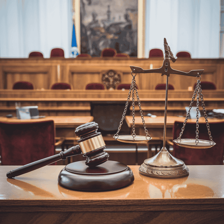 A gavel and scales of justice in a courtroom, symbolizing the legal standards for criminal contempt.