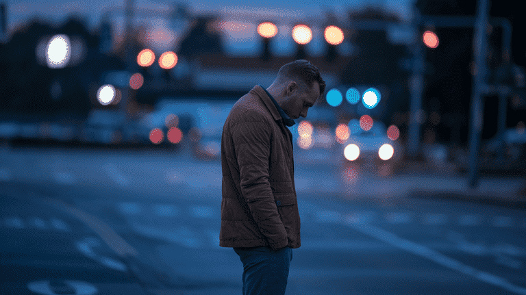 A solitary man standing on a city street at dusk with blurred traffic lights, symbolizing the long-term consequences of an assault conviction.