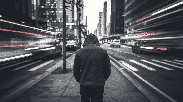 Blurred city traffic with a solitary figure walking on the sidewalk, representing the personal and social consequences of a third DUI conviction.