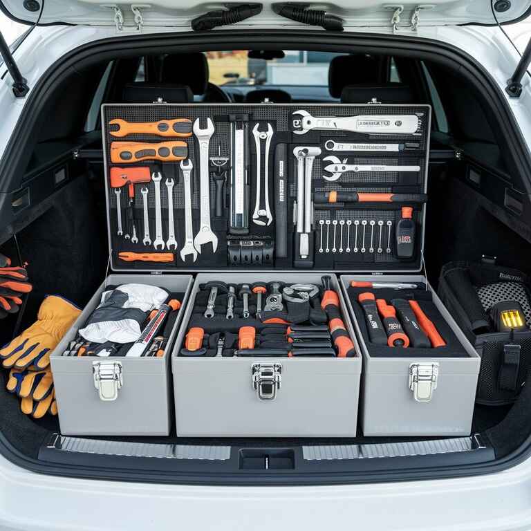 A well-organized toolbox in a car trunk with work-related items, representing lawful and responsible possession of tools.