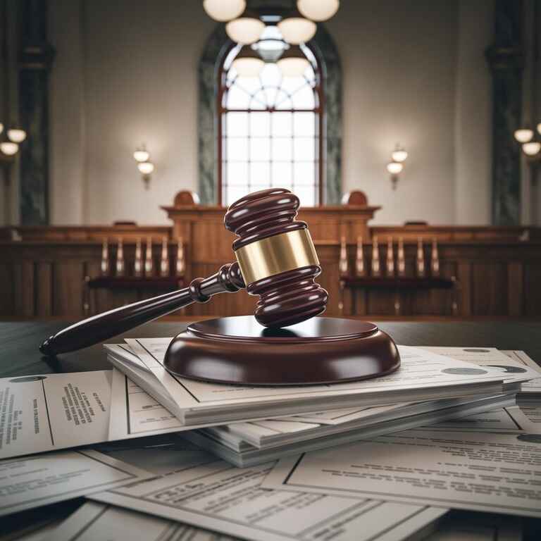 A gavel on legal documents with a courthouse in the background, representing the legal penalties for money laundering in Las Vegas.