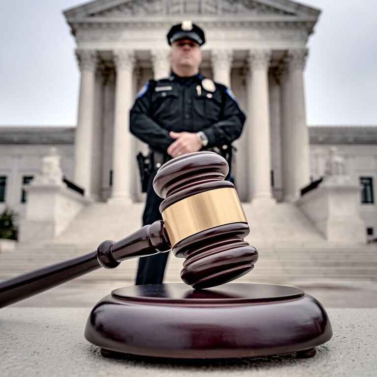 Police officer and courthouse symbolizing legal penalties for obstruction in Las Vegas.