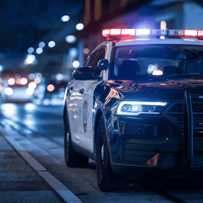 A police car with flashing sirens, symbolizing a police chase involved in a case of evading police causing death or injury.