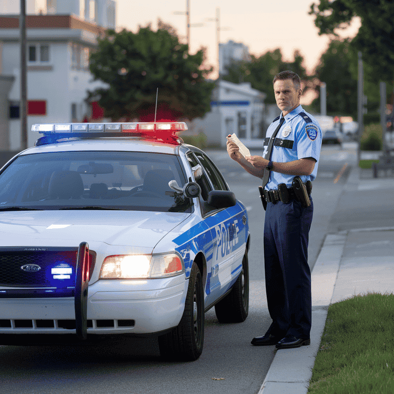 Police car with flashing lights on the roadside.