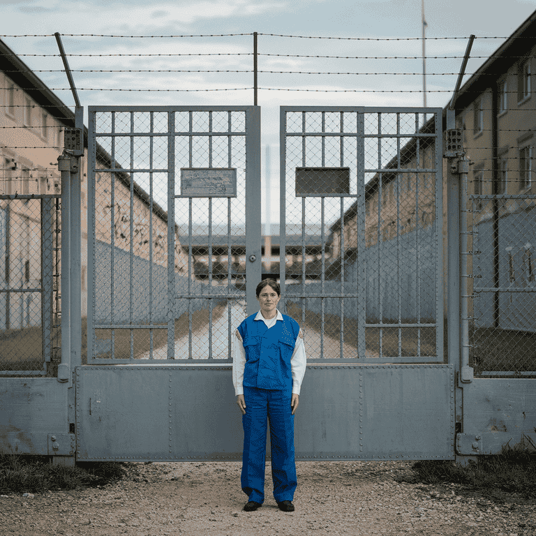 A person standing outside a prison gate, symbolizing the impact of a larceny conviction on one's life.