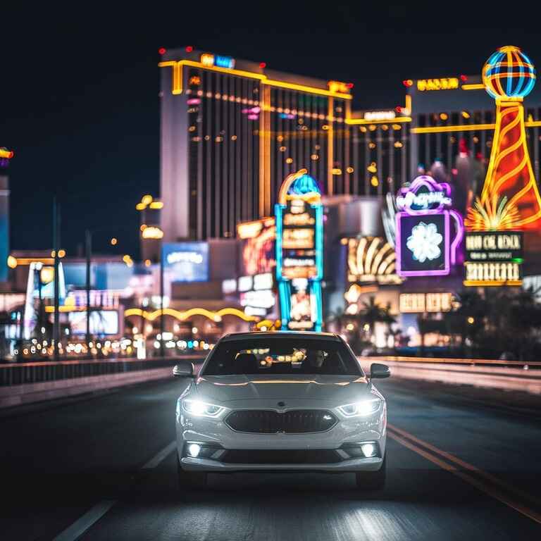 A car driving through the Las Vegas skyline at night, representing the impact of reckless driving in the city.