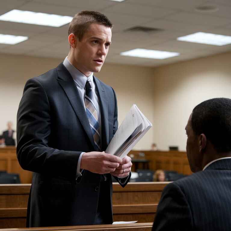 Criminal defense attorney discussing case details with a client in a courtroom.