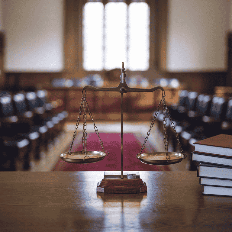 Scales of justice symbolizing fairness and legal defenses in a courtroom setting.