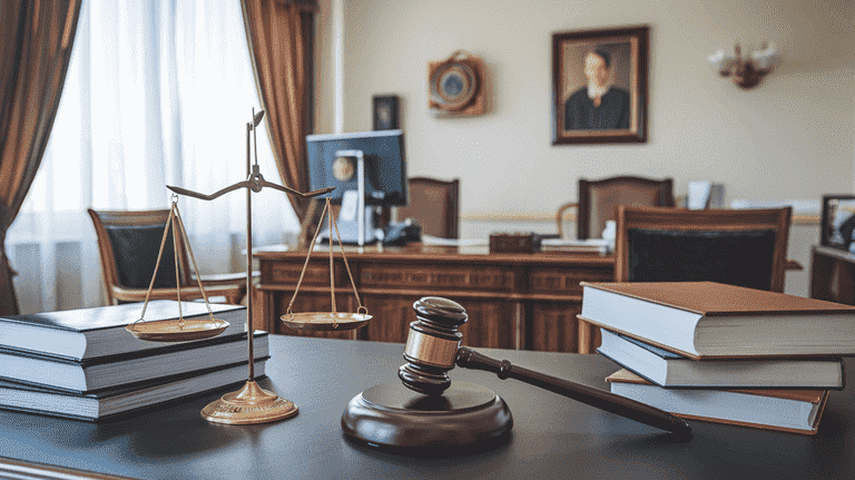 A law office desk with legal scales, a gavel, and law books, representing the significance of seeking legal representation for assault charges.