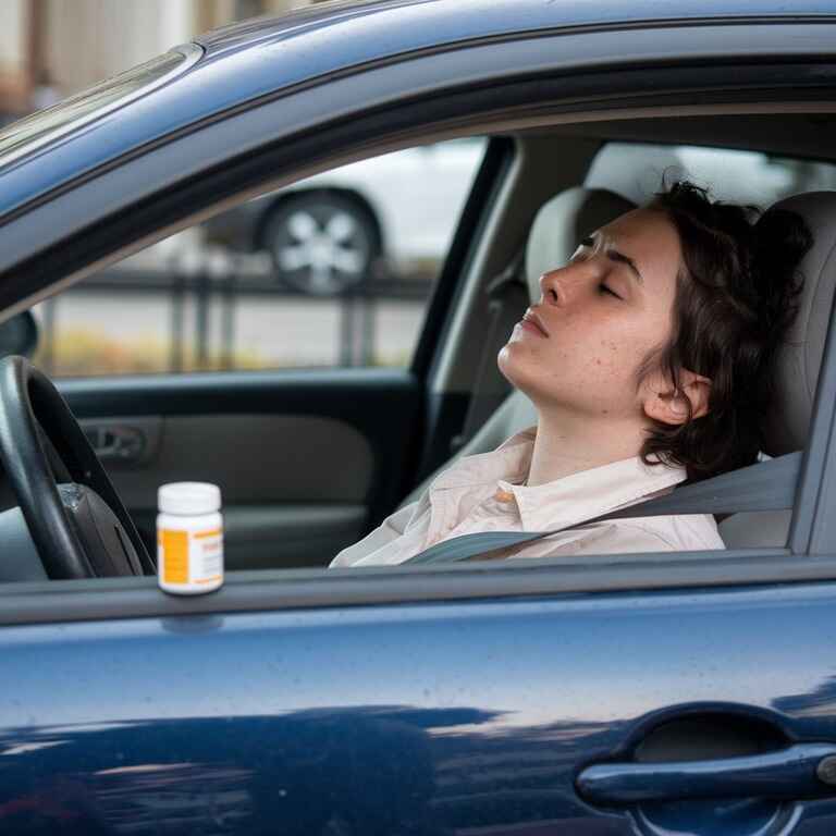 A person sitting in a car feeling drowsy with sleeping pills on the seat, illustrating the risks of driving under the influence of medication.