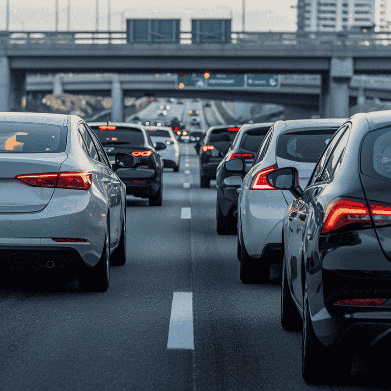 A car in the left lane moving slower than surrounding traffic, creating a bottleneck on the highway.