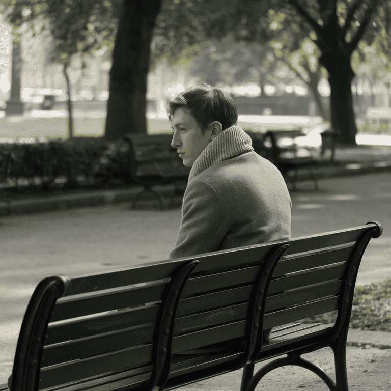 A solitary individual sitting on a park bench, representing the emotional impact of battery charges on personal life.