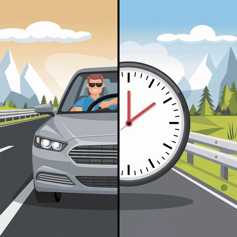 Split image of driver using cruise control and clock adding extra travel time