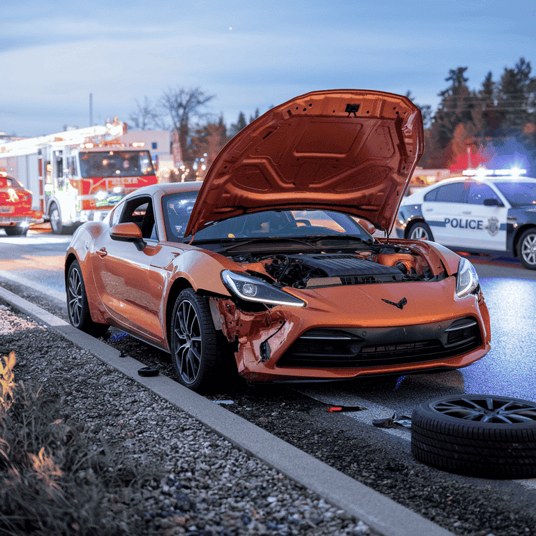 Crashed sports car with emergency responders at the scene