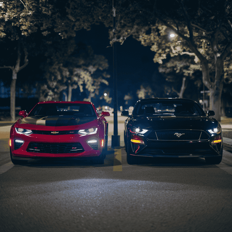 Two muscle cars lined up for an illegal street race at night