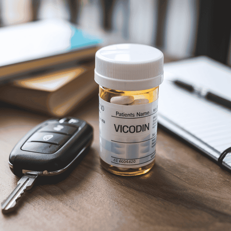 Prescription bottle of Vicodin alongside car keys, highlighting the potential risks of driving under medication.