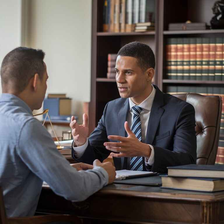 An attorney advising a client in an office, with legal books and paperwork on a desk.