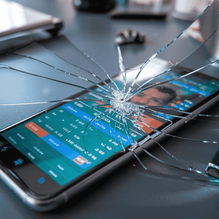 Broken smartphone screen with sports betting app, reflecting user distrust