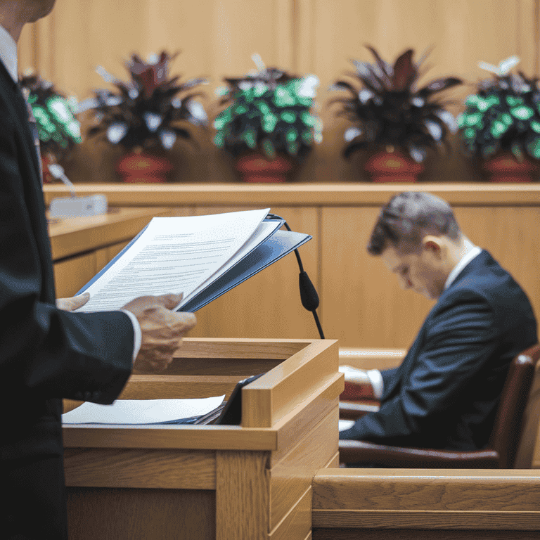 A courtroom with a lawyer presenting a defense for the defendant in a mail theft charges case.