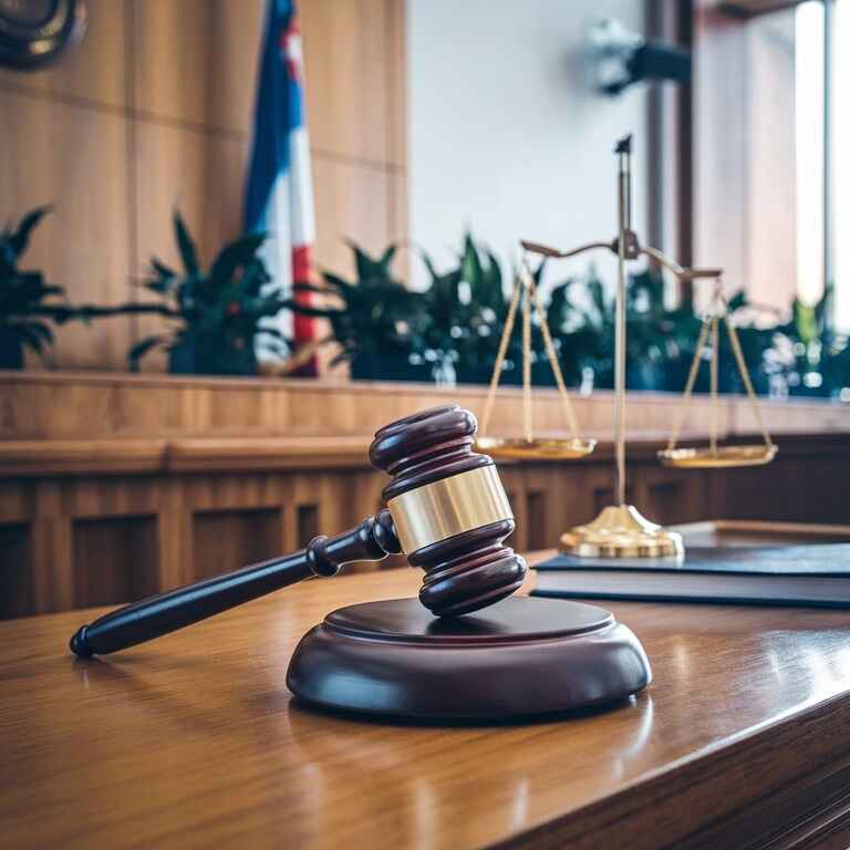 A gavel and legal scales on a courtroom desk, representing the possible outcomes of a pickpocketing case.