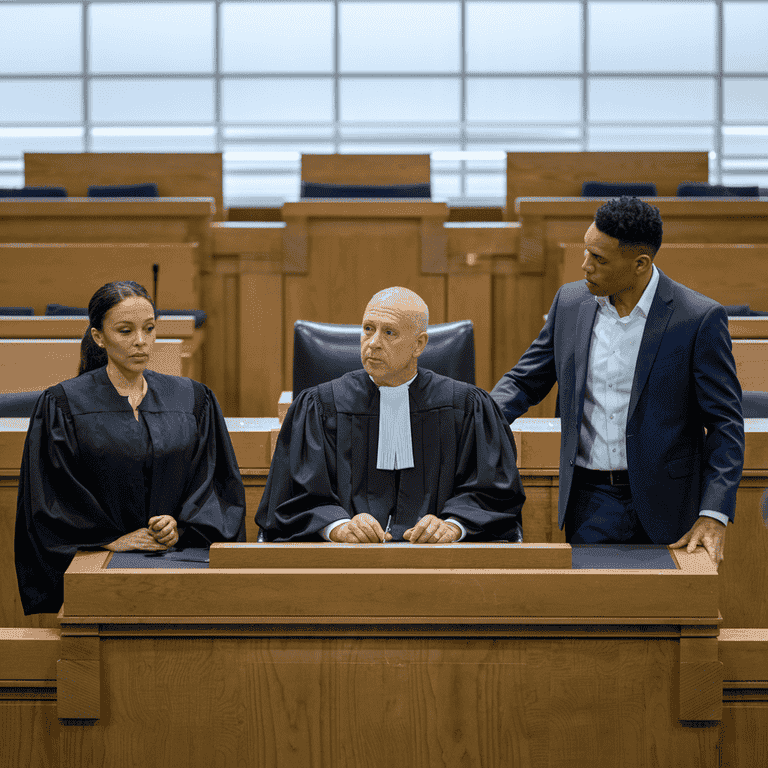 A courtroom with a judge, defendant, and prosecutor during a murder trial.